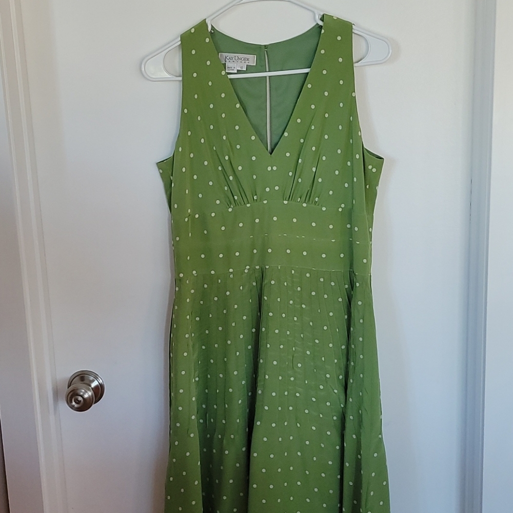 Kay Unger silk Green Polka Dot Midi Dress
